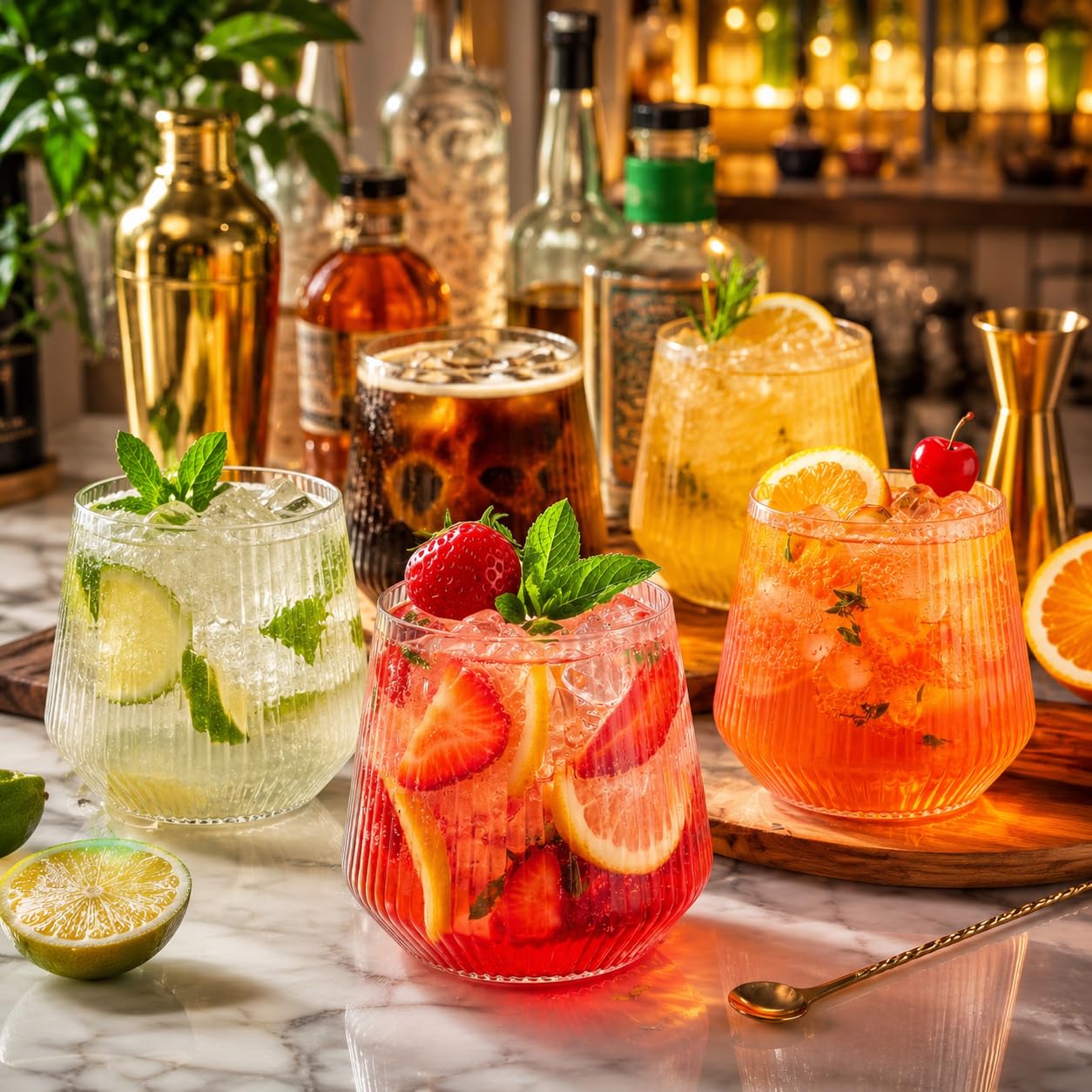 Oojami verres disposés sur table décorée pour réception soignée