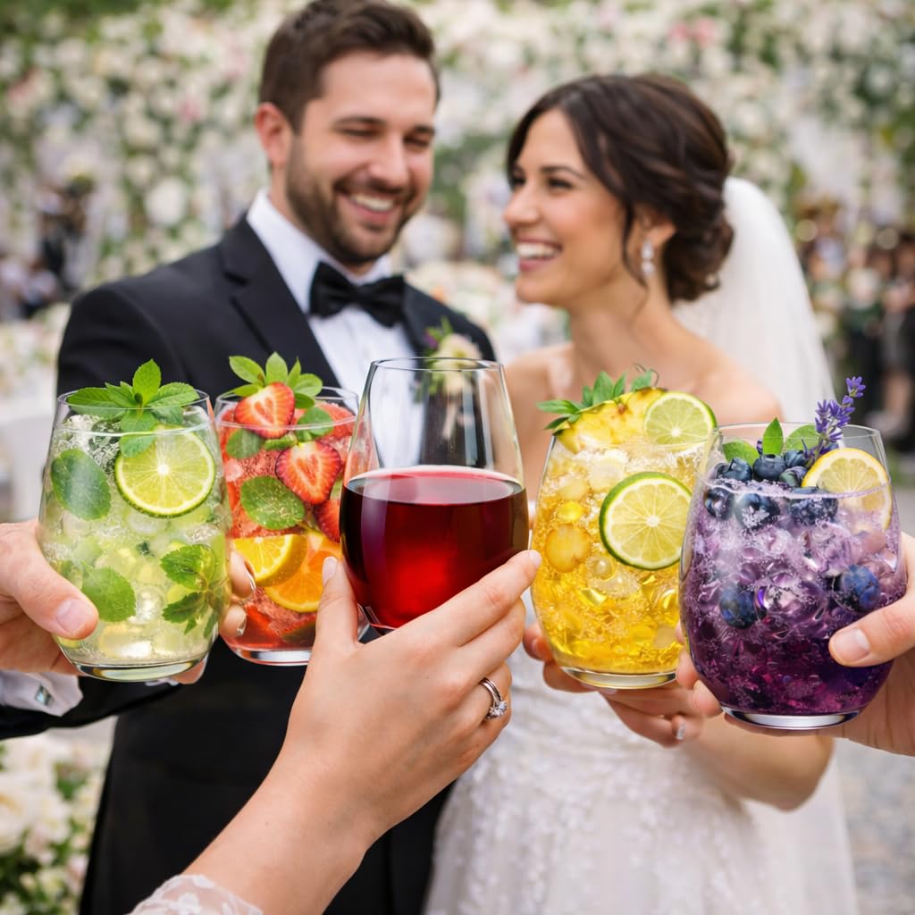 Oojami plusieurs verres disposés sur table pour réception élégante