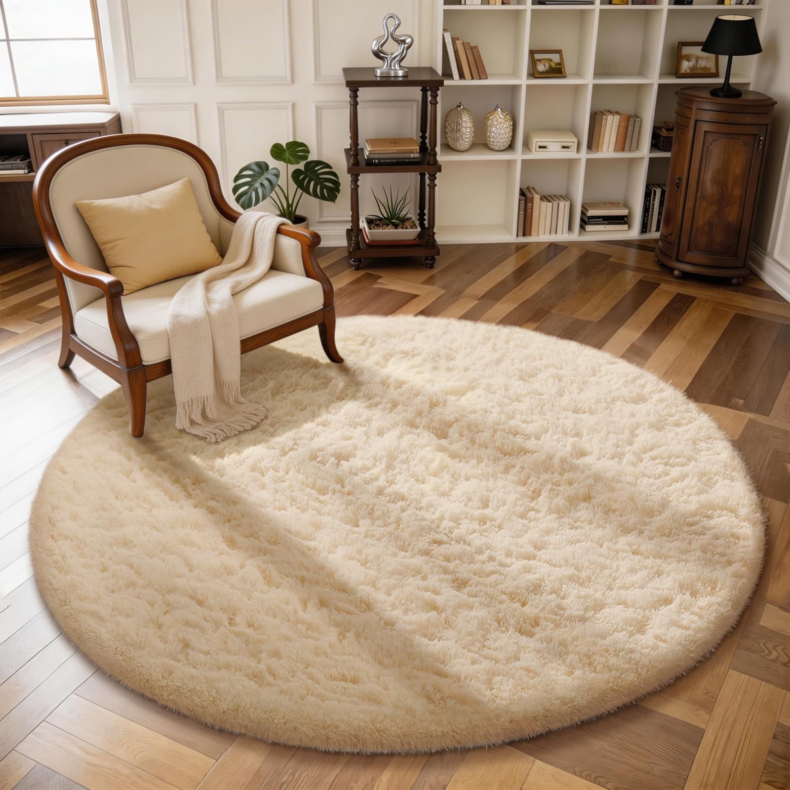 Ophanie tapis rond face avant beige apportant chaleur décorative