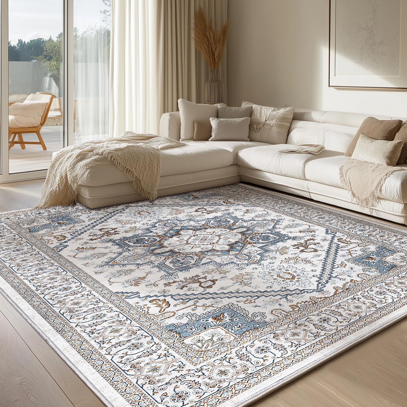 OPPODREAM vue avant du tapis 8x10, élégance crème et bleu pour salon