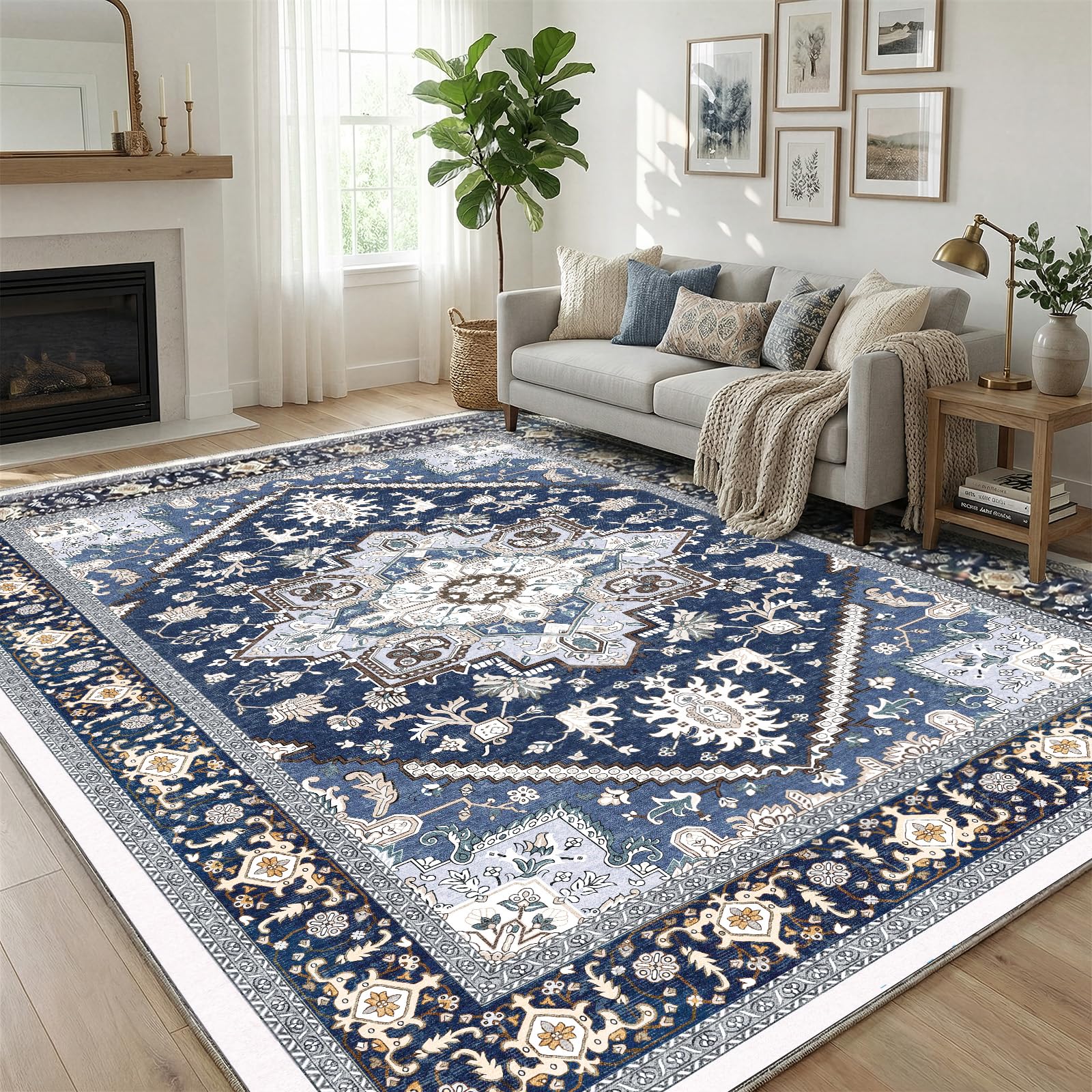 OPPODREAM tapis 5x7 face visible montrant motif bleu et or, apporte élégance