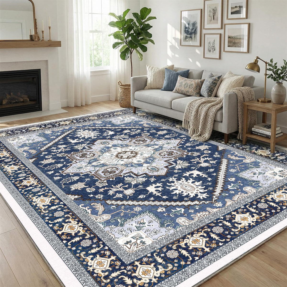 OPPODREAM tapis 5x7 face visible montrant motif bleu et or, apporte élégance
