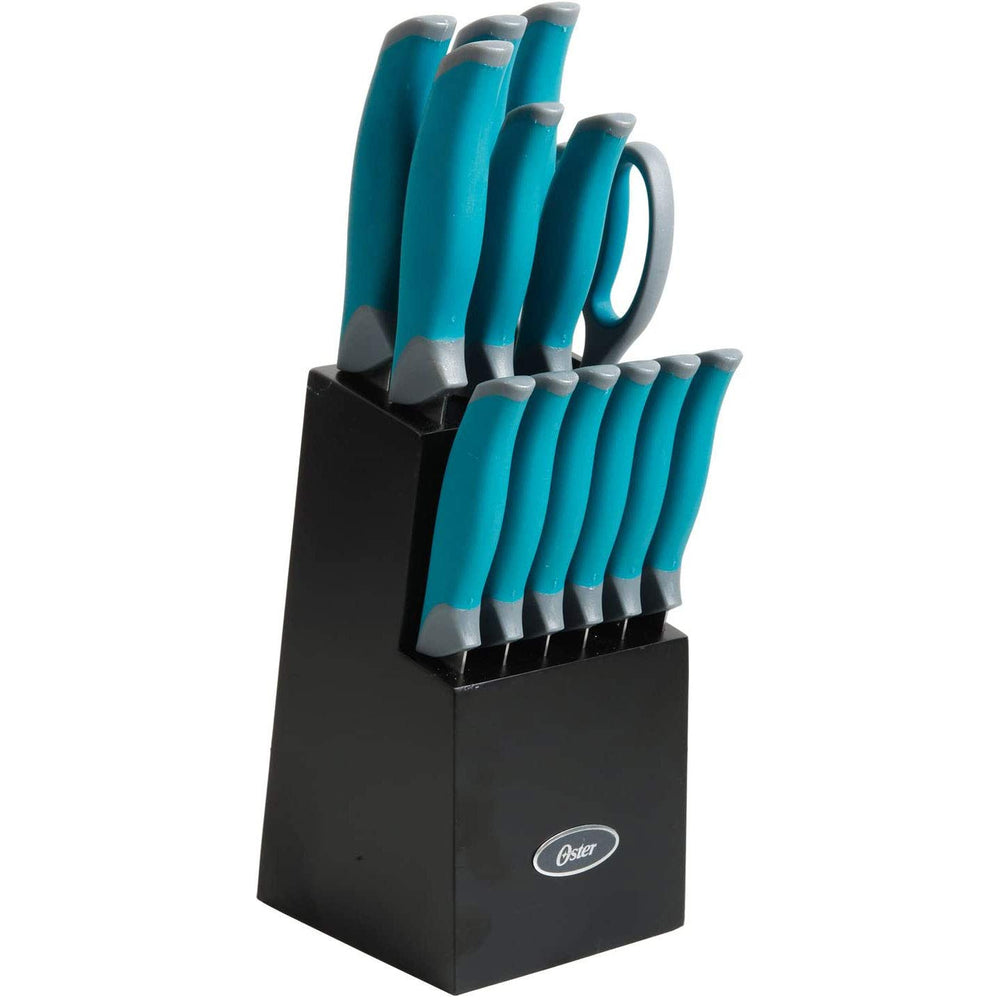 Oster ensemble face avant montrant bloc noir et manches teal pour rangement élégant