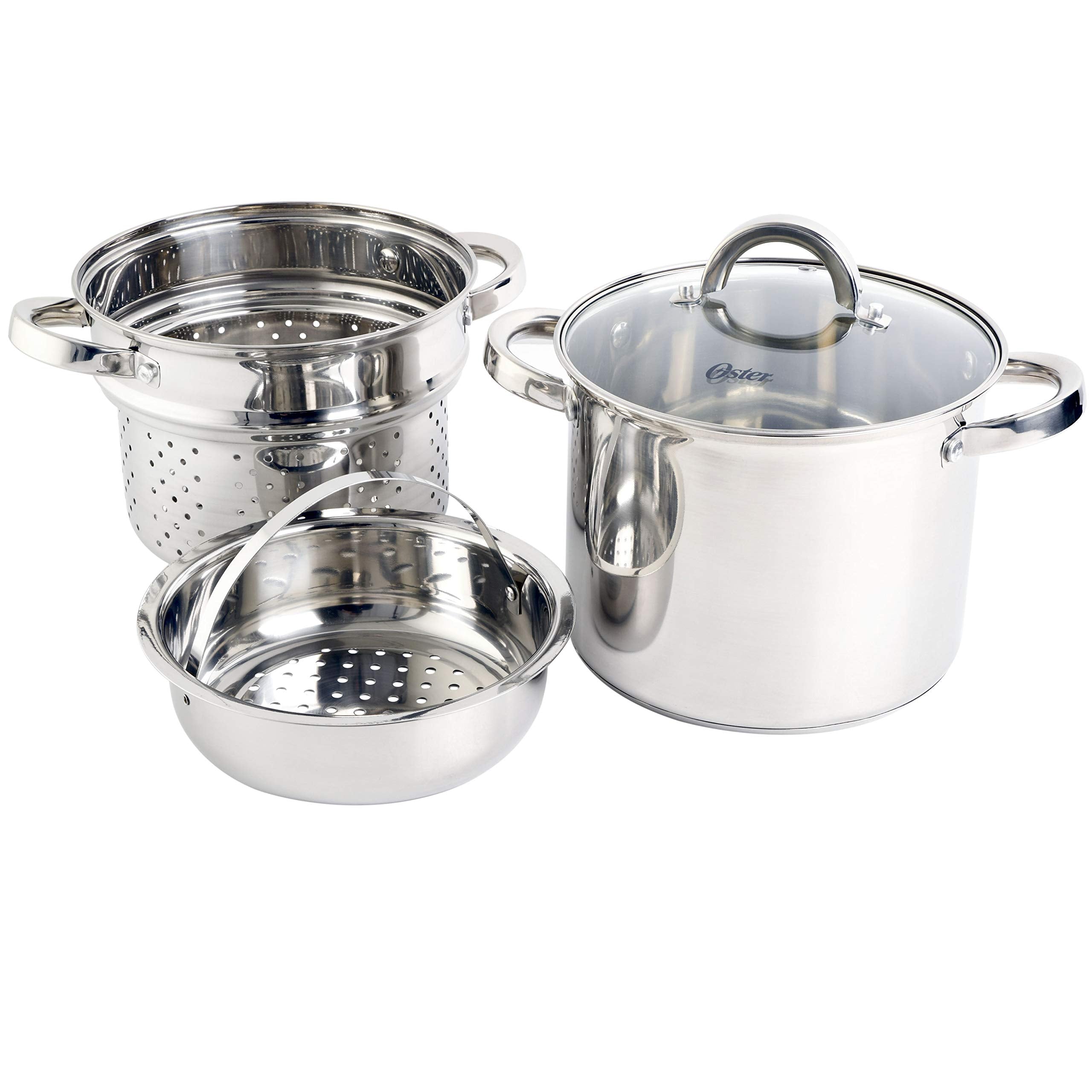 Oster Sangerfield plan d’ensemble montrant casserole, panier vapeur et passoire pratiques