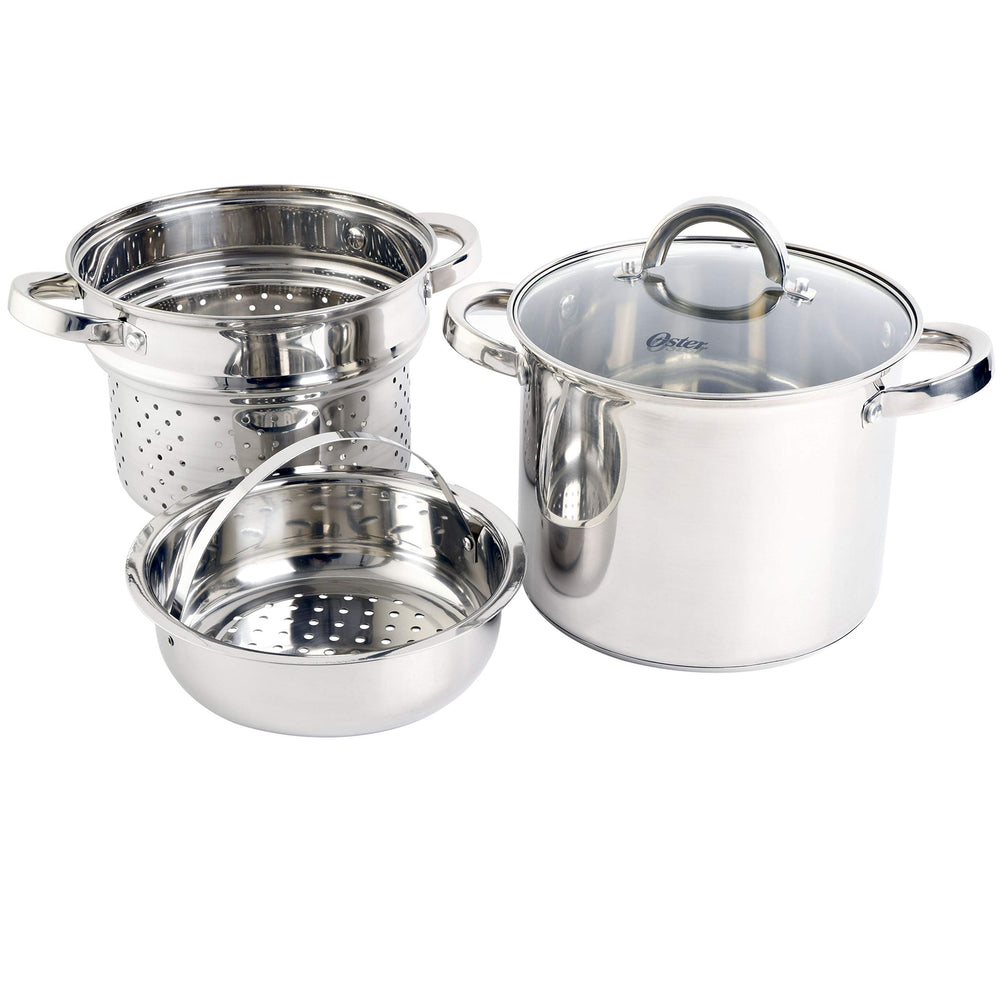 Oster Sangerfield plan d’ensemble montrant casserole, panier vapeur et passoire pratiques