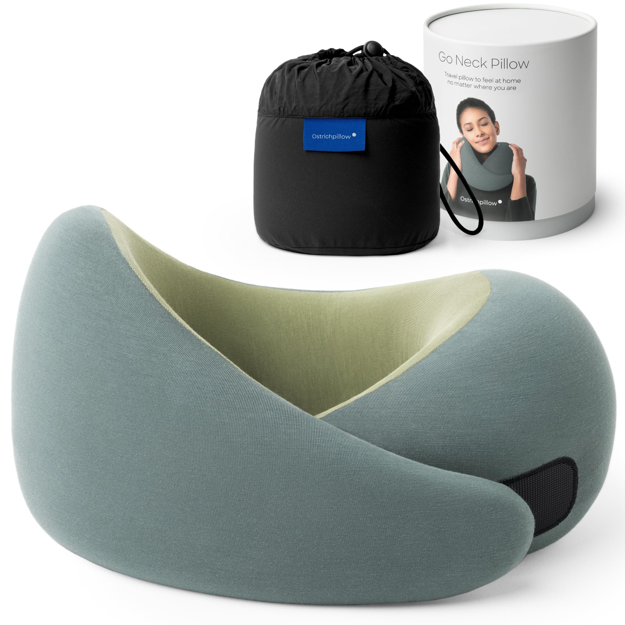 OSTRICH PILLOW packaging face montrant le coussin prêt à voyager et durable