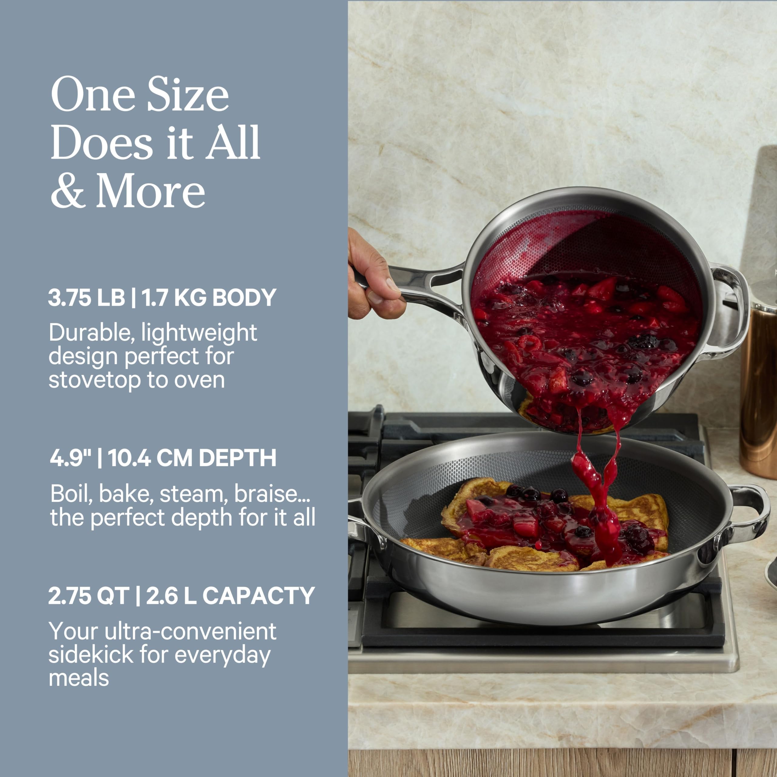 Our Place comparaison de taille avec cuillère montrant capacité 2,75 qt pratique