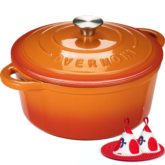 Overmont cocotte 7QT orange vue de face ouverte montrant capacité et forme pour repas familiaux