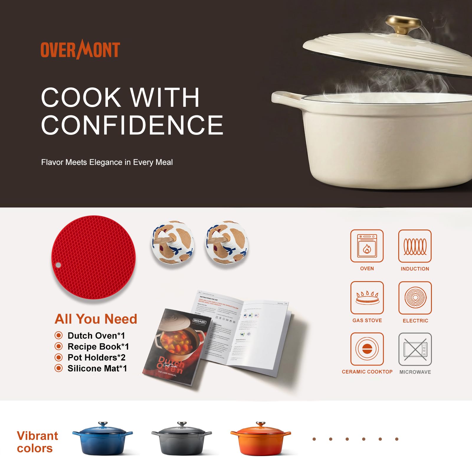 Overmont cocotte avec livre de recettes et maniques en coton, présentant kit complet pour débuter