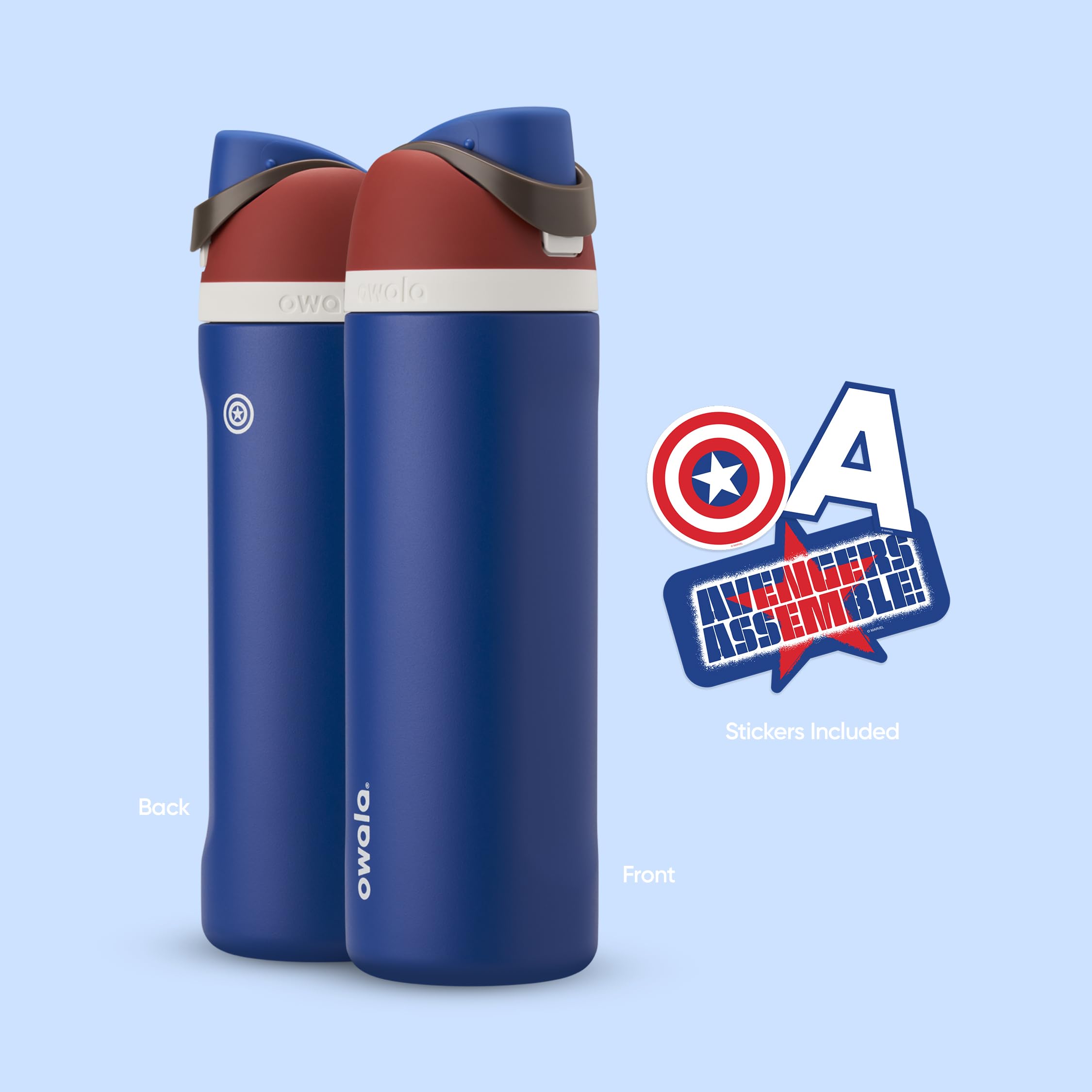 Owala Captain America détail du motif Marvel et finition acier inoxydable, esthétique et résistante