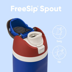Owala Captain America gros plan du goulot et paille FreeSip, nettoyage et ajout de glaçons facile