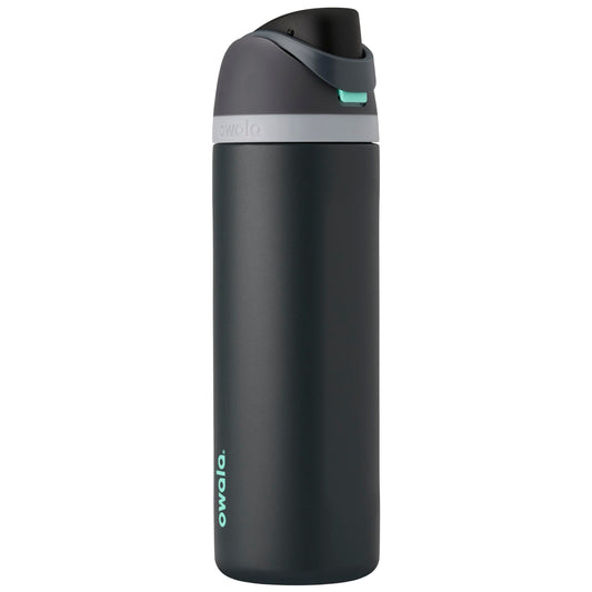 Owala FreeSip vue avant montrant fini Foggy Tide et ergonomie pratique