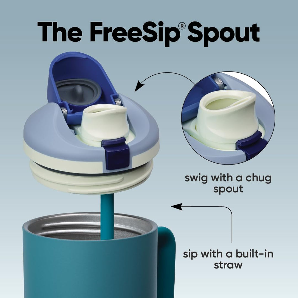 Owala FreeSip gros plan sur le bec breveté FreeSip montrant le double mode