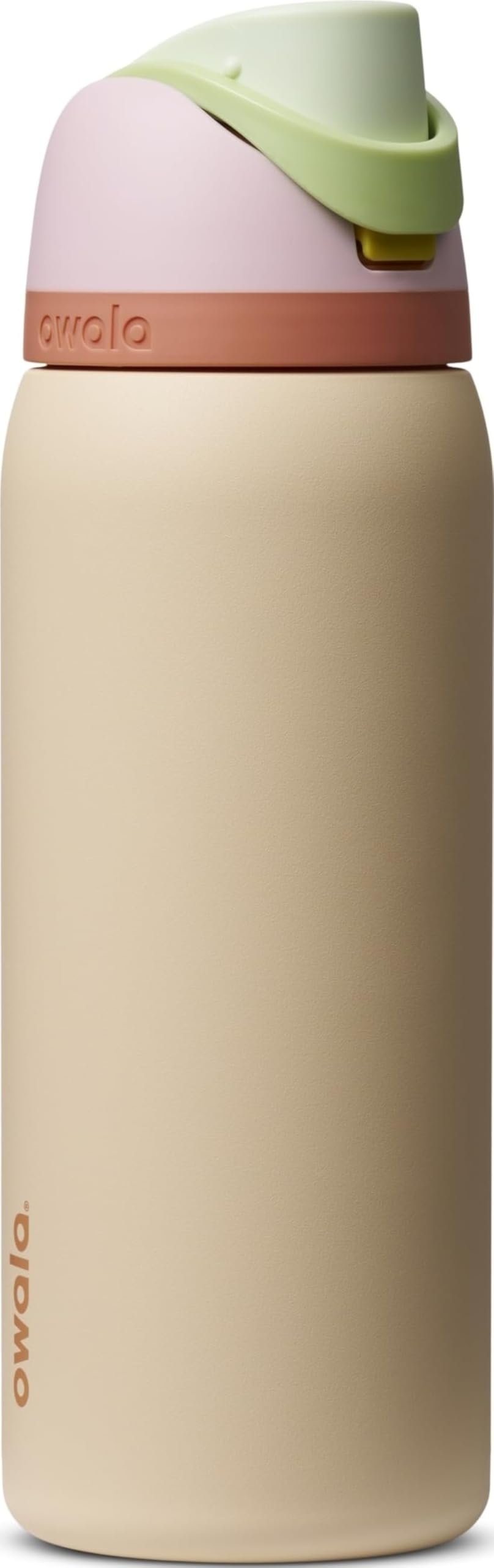 Owala FreeSip face avant montrant design rose/tan et bouchon pratique