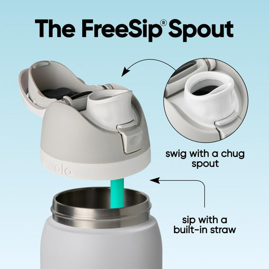 Owala FreeSip gros plan sur l'embout FreeSip et paille, hygiène facile