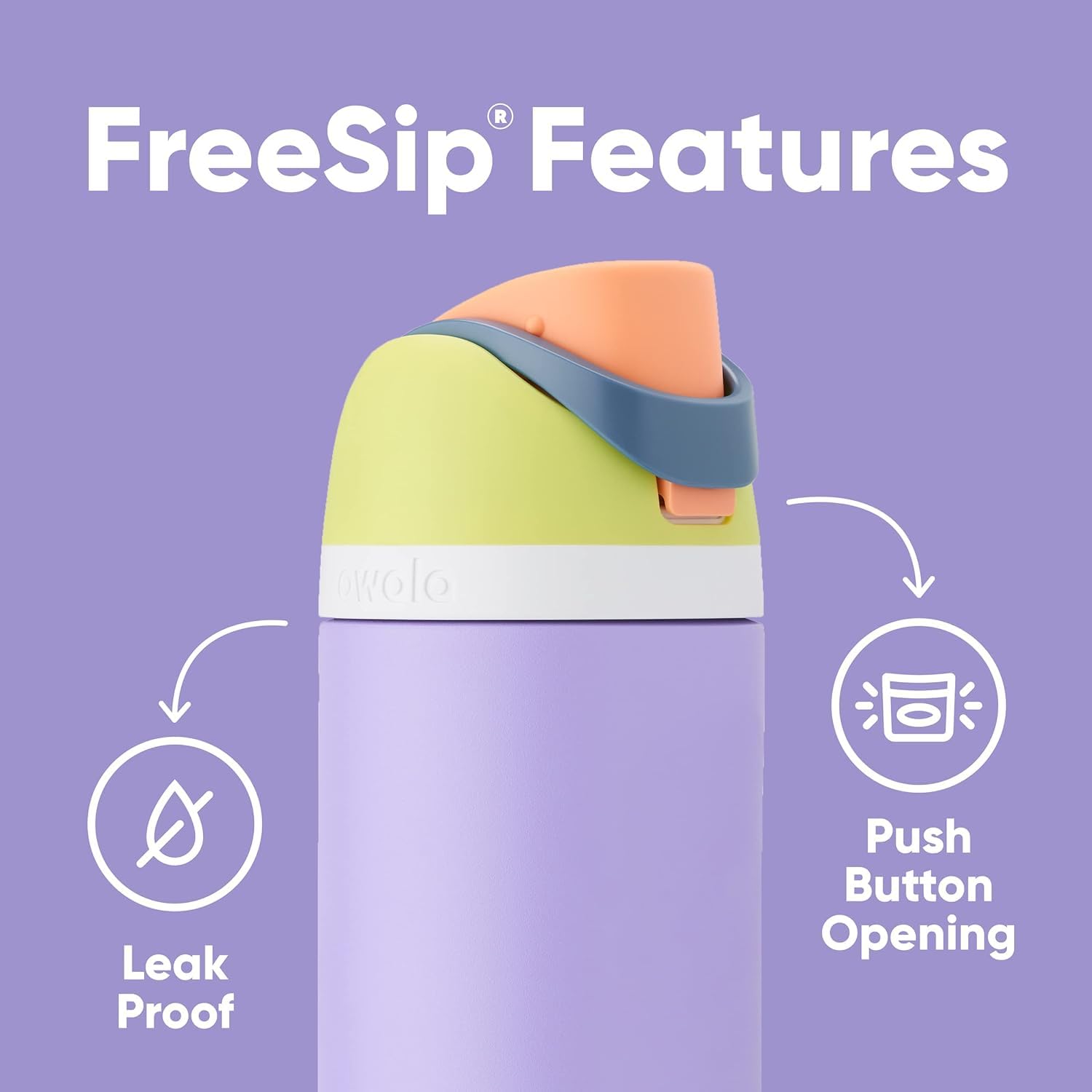 Owala FreeSip gros plan sur le bouchon push-button verrouillable montrant protection et praticité