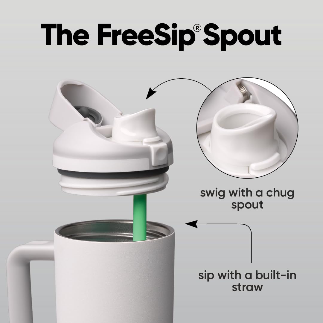 Owala FreeSip détail de l'embout FreeSip illustrant les deux façons de boire