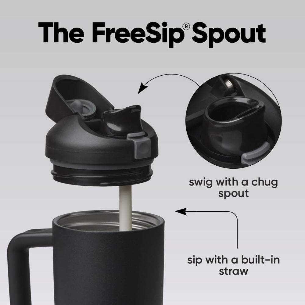 Owala FreeSip gros plan sur embout FreeSip 2-en-1 pour boire deux façons facilement