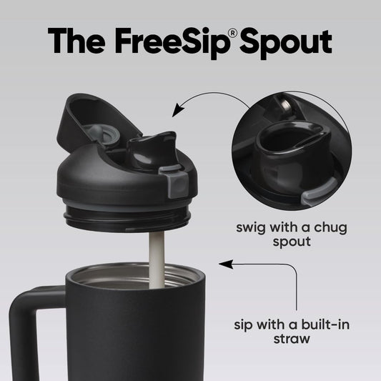 Owala FreeSip gros plan sur embout FreeSip 2-en-1 pour boire deux façons facilement