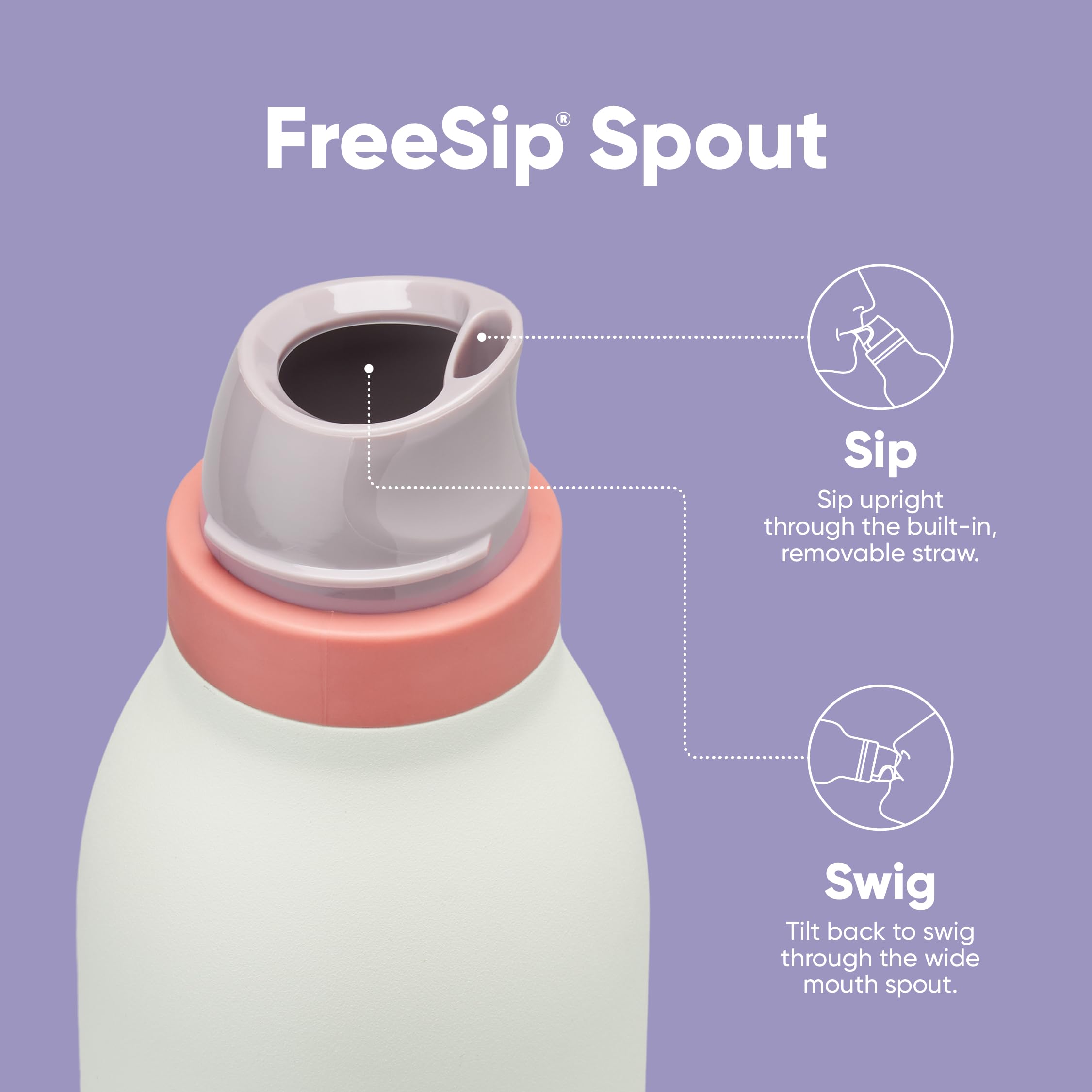 Owala FreeSip Twist gros plan acier inoxydable double paroi pour isolation fiable