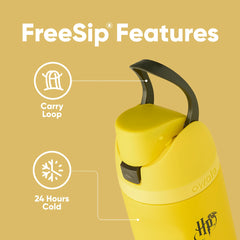 Owala FreeSip Hufflepuff gros plan sur embout FreeSip et paille pour boire sans renverser
