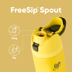 Owala FreeSip Hufflepuff ouverture large montrant facilité nettoyage et ajout de glaçons