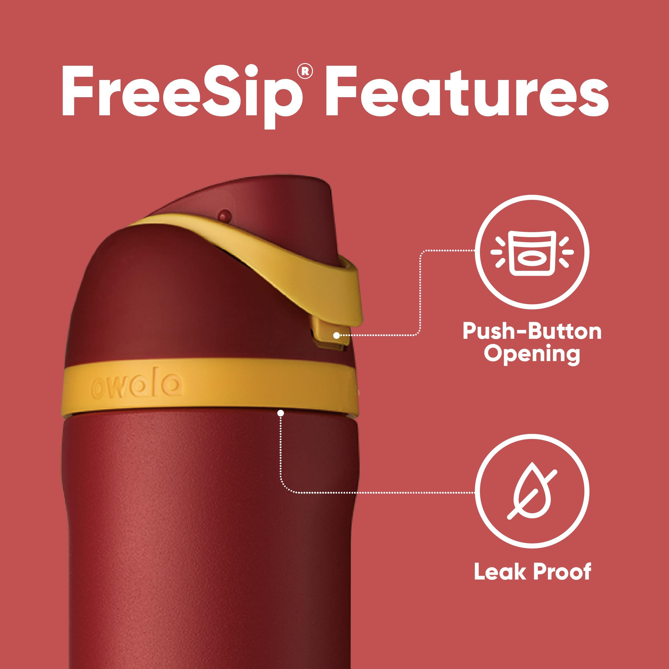Owala FreeSip base montrant sa compatibilité avec porte-gobelet et sa stabilité sur surfaces planes