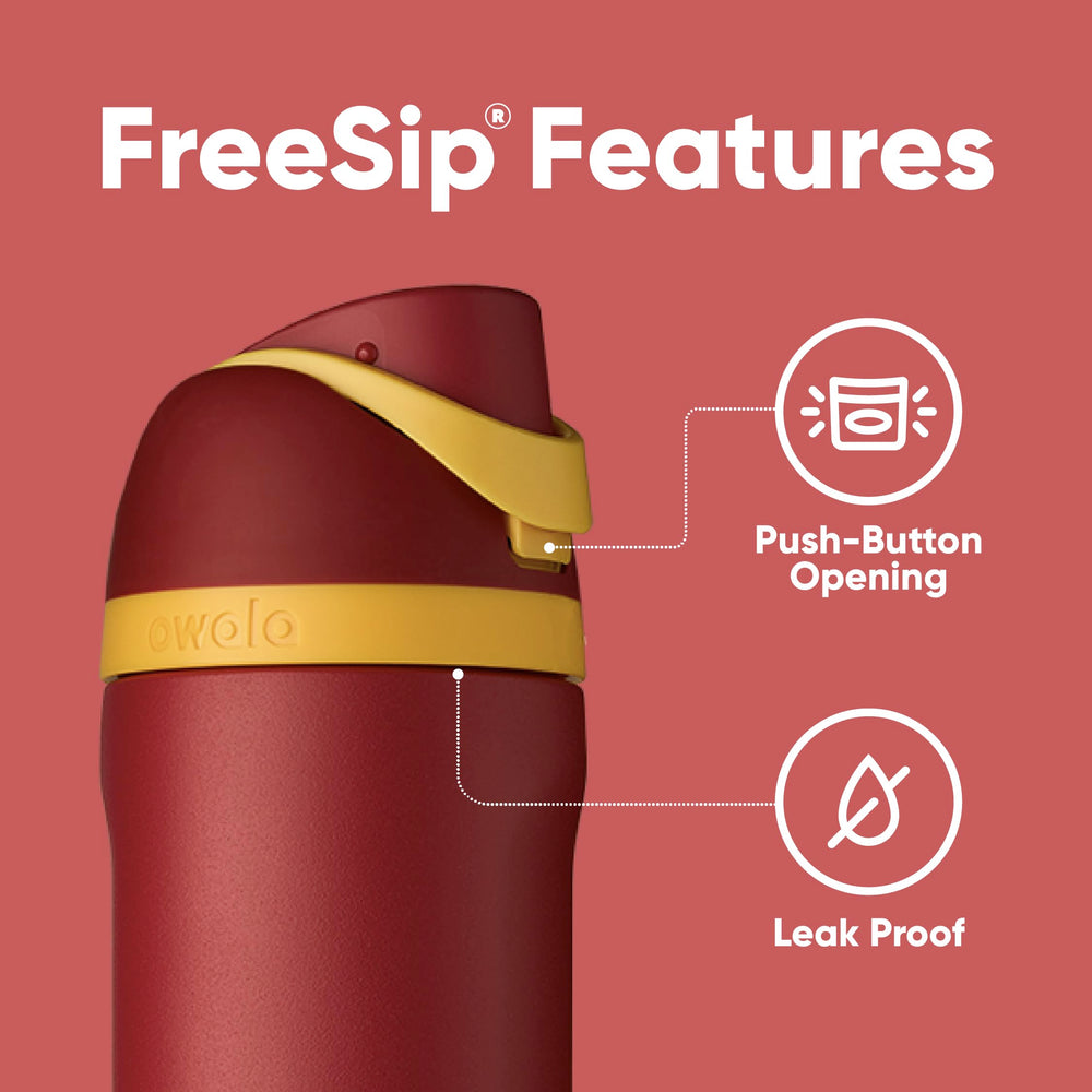 Owala FreeSip base montrant sa compatibilité avec porte-gobelet et sa stabilité sur surfaces planes