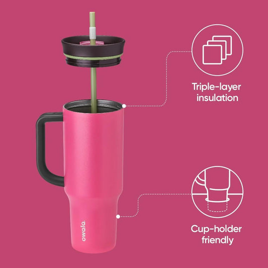 Owala Tumbler gros plan du bouchon 2-en-1 montrant praticité et étanchéité