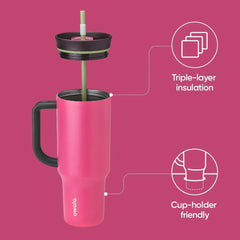 Owala Tumbler gros plan du bouchon 2-en-1 montrant praticité et étanchéité