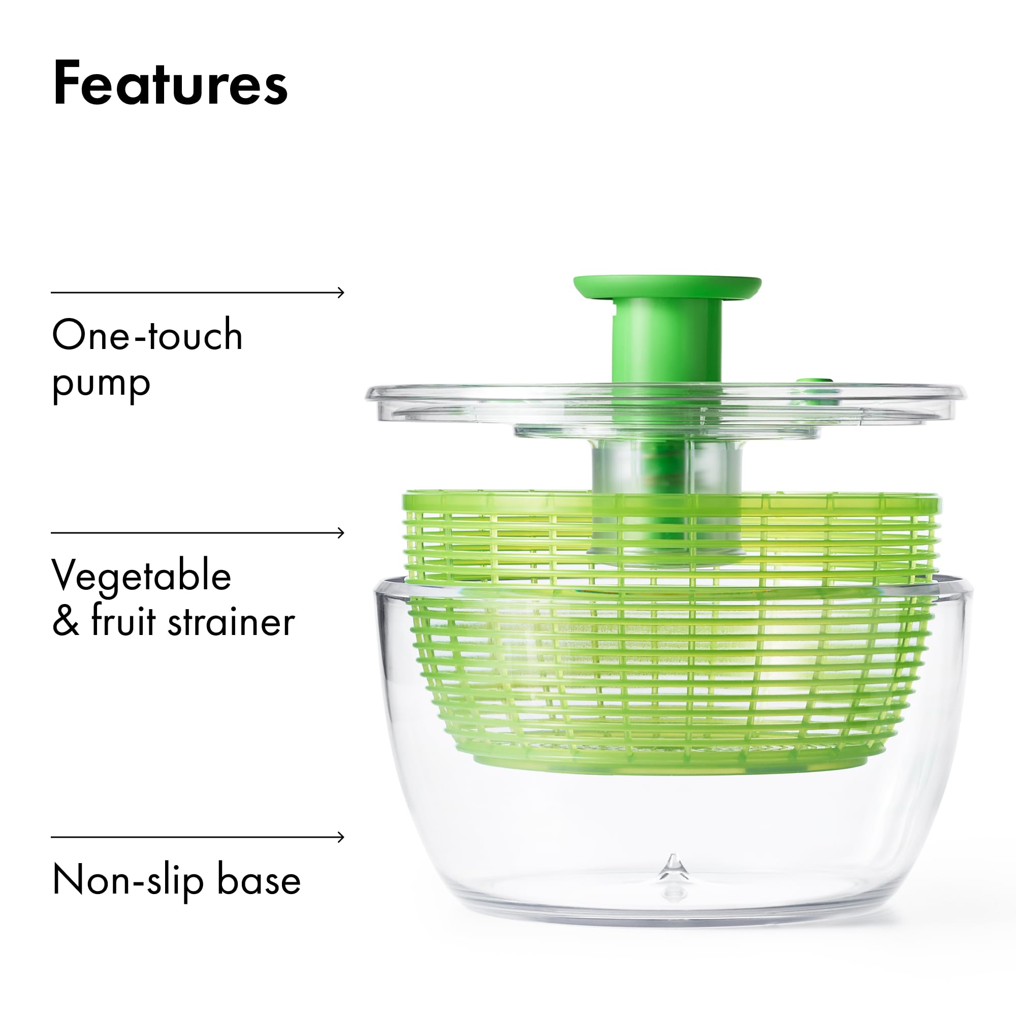 OXO essoreuse en usage pendant le rinçage, lavage pratique et rapide