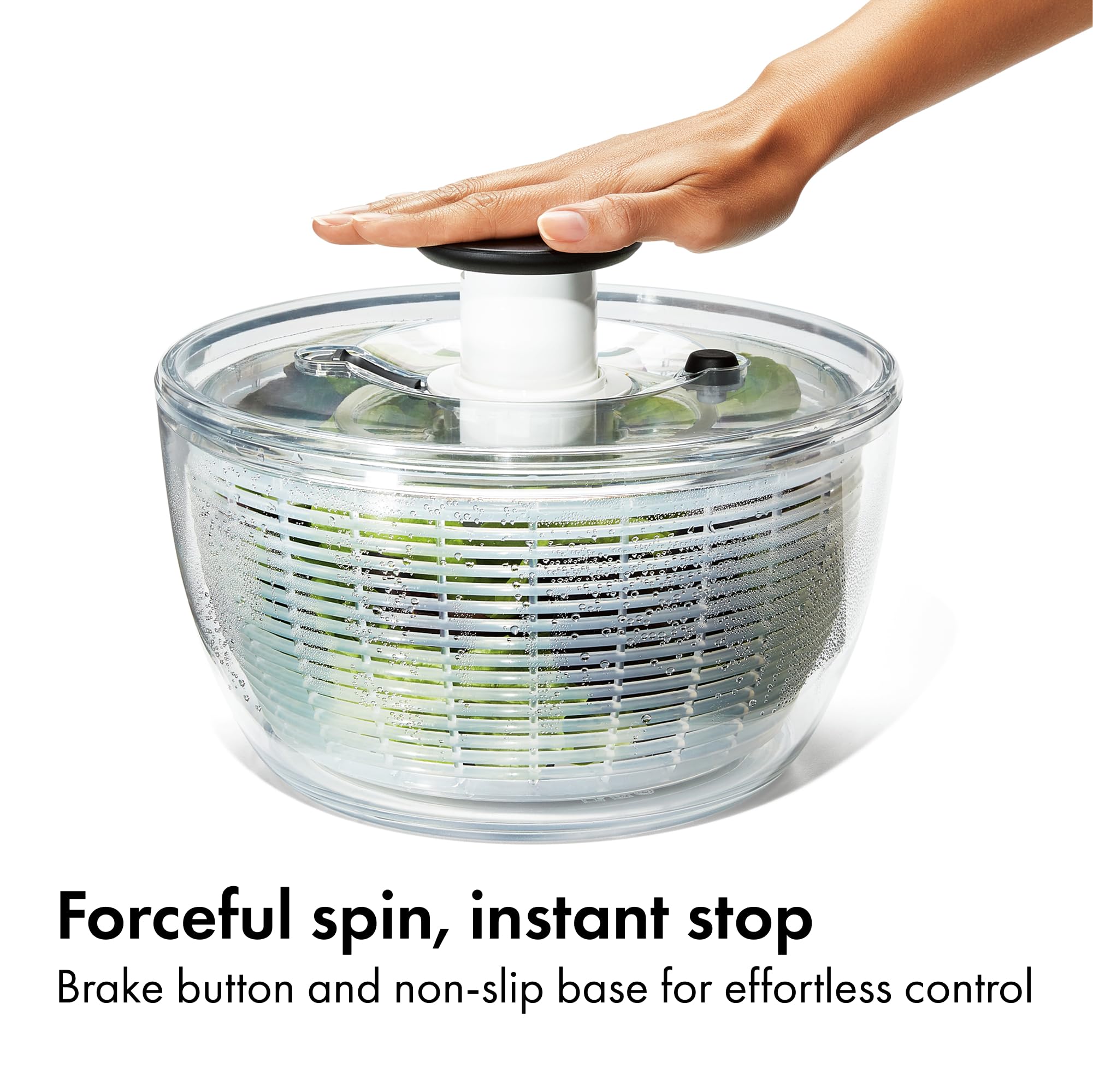 OXO Good Grips bol montrant l'évacuation d'eau pour feuilles plus sèches