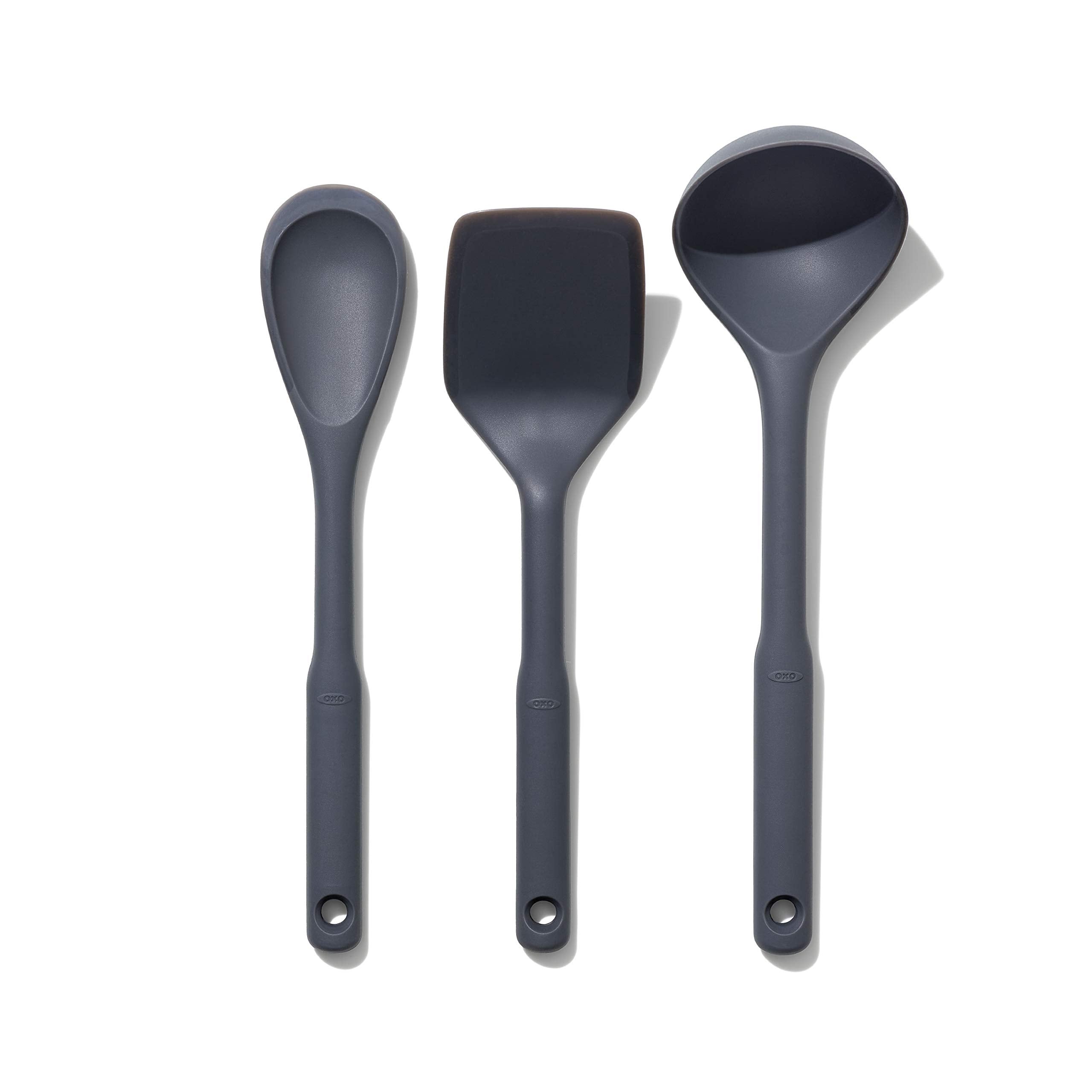 OXO Good Grips ensemble devant montrant louche cuillère spatule, gain de place