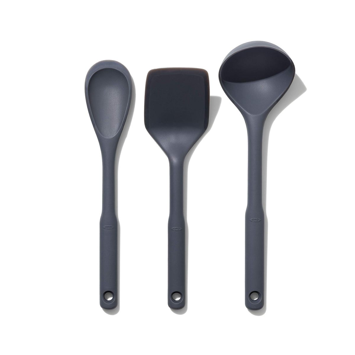 OXO Good Grips ensemble devant montrant louche cuillère spatule, gain de place