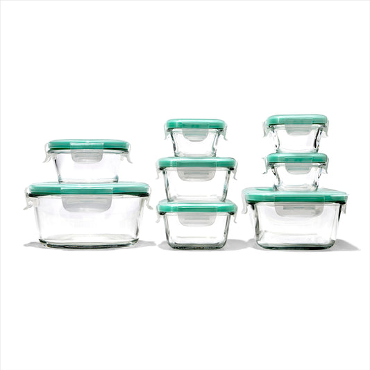 OXO Good Grips ensemble face avant montrant boîtes en verre et couvercles, pratique et hermétique