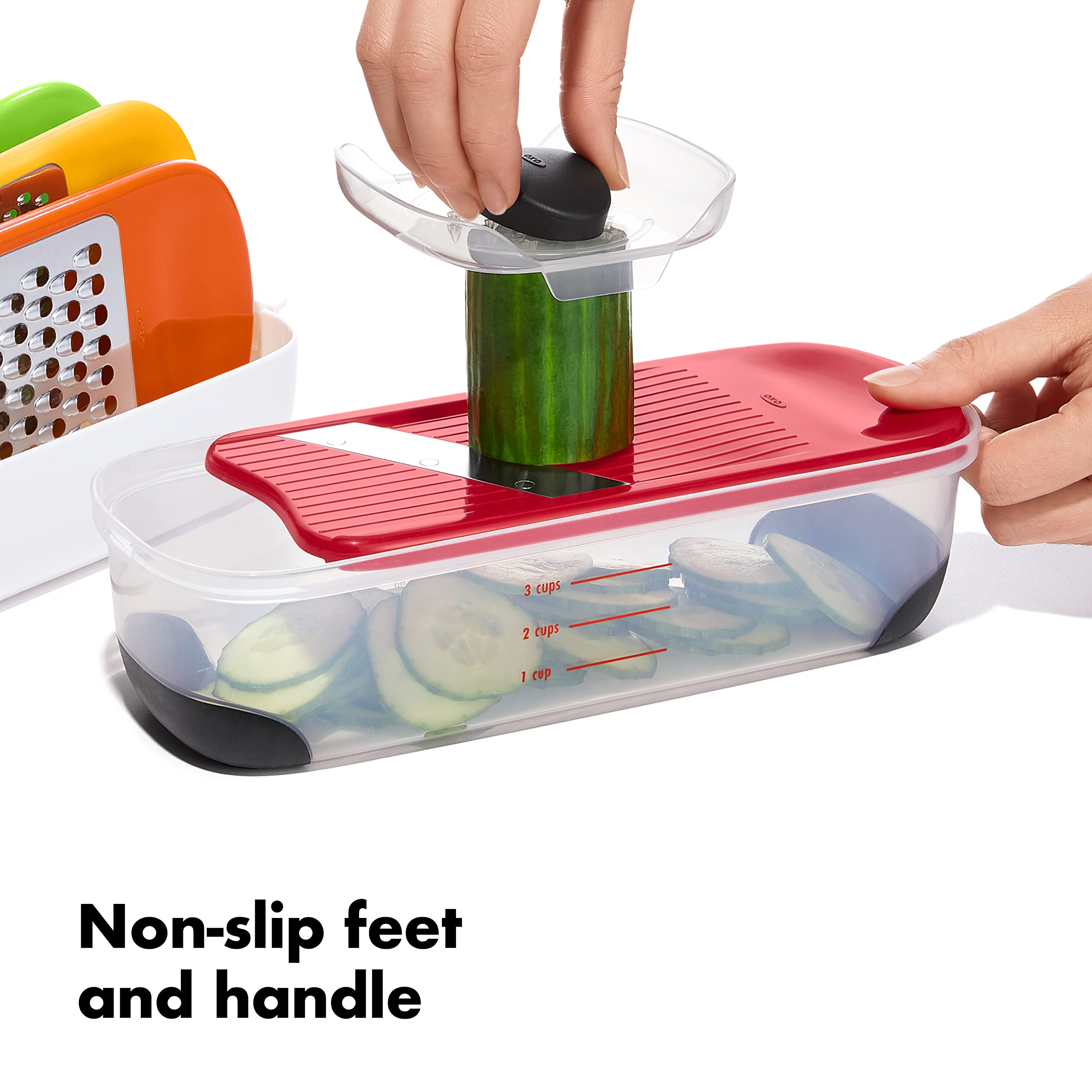 OXO rangement compact montrant les emplacements, organisation facile