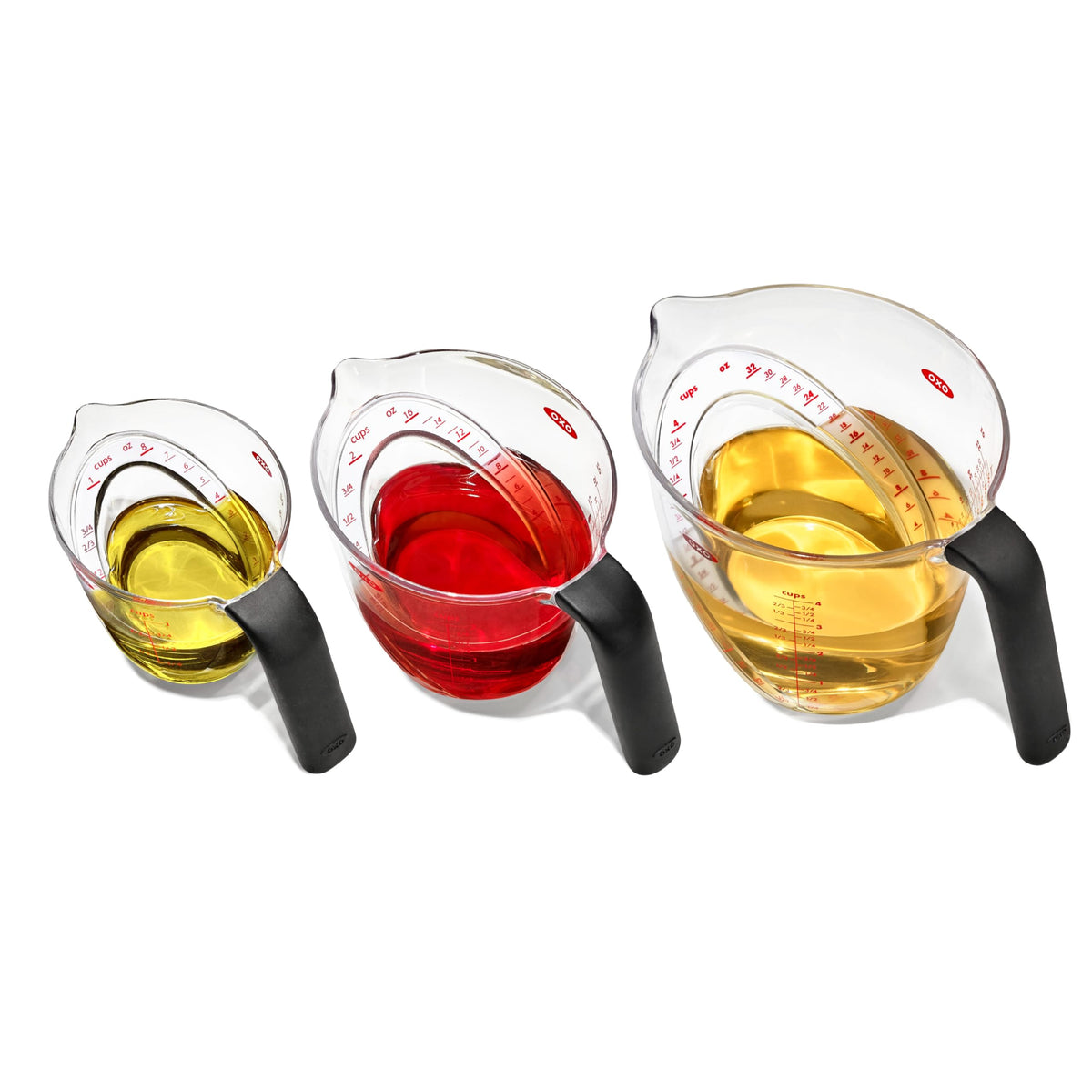OXO tasse à mesurer face avant montrant les trois tailles pour organisation cuisine