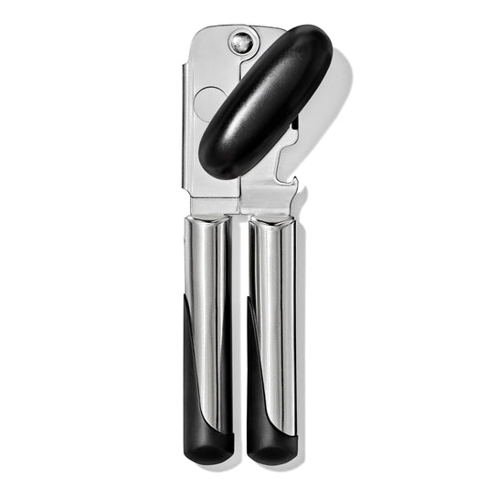 OXO ouvre-boîte vue face montrant design robuste et gain de temps