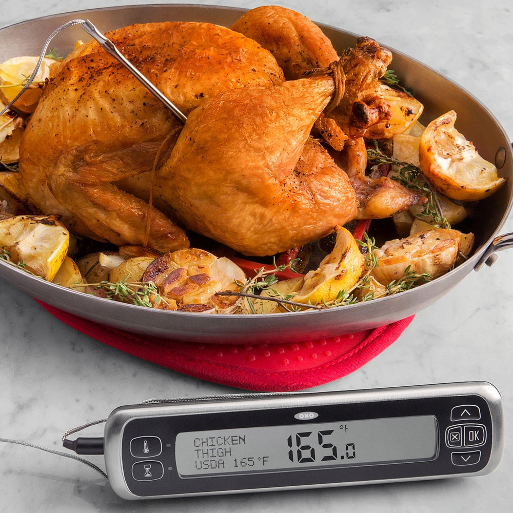 OXO thermomètre échelle à côté d'une main montrant taille et ergonomie