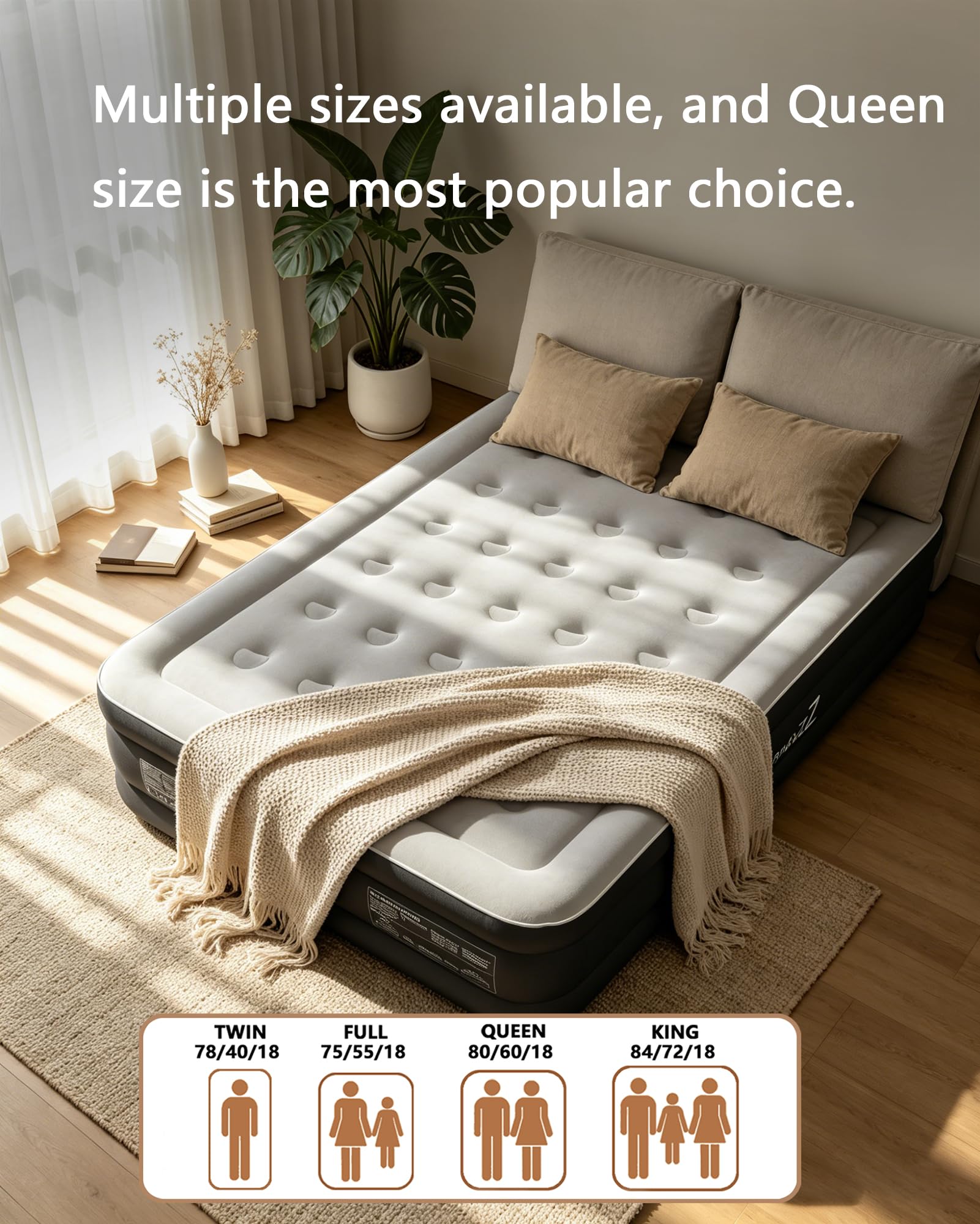PABCZZ comparaison d'échelle montrant dimensions queen 80x60x18 pour chambre