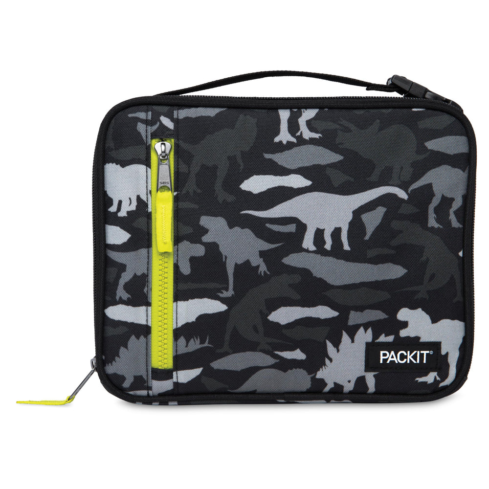 PackIt face avant du sac Dino Camo Charcoal montrant motif et fermeture zippée, pratique