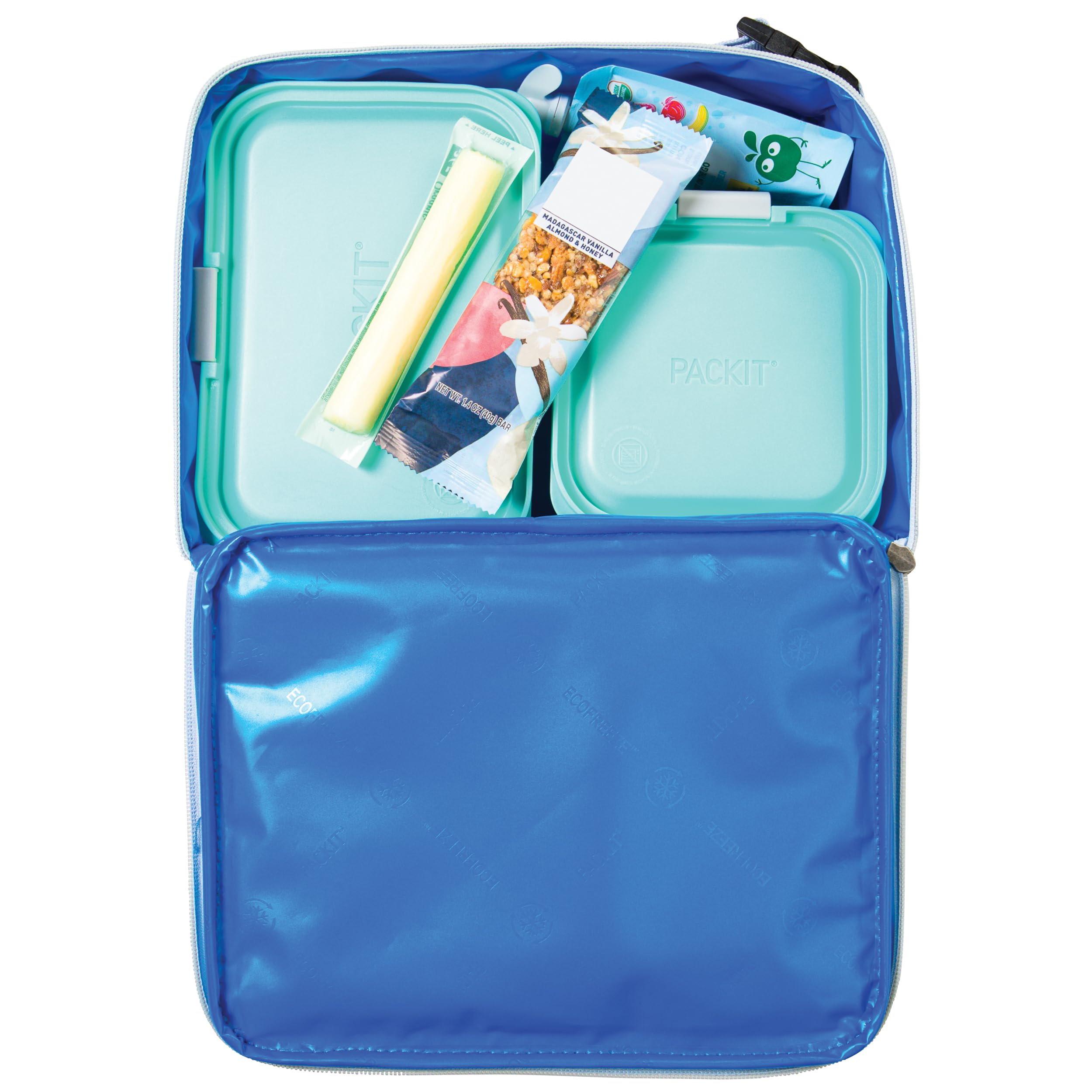PackIt Freezable Classic Blue Sky pliée montrant rangement compact et gain de place
