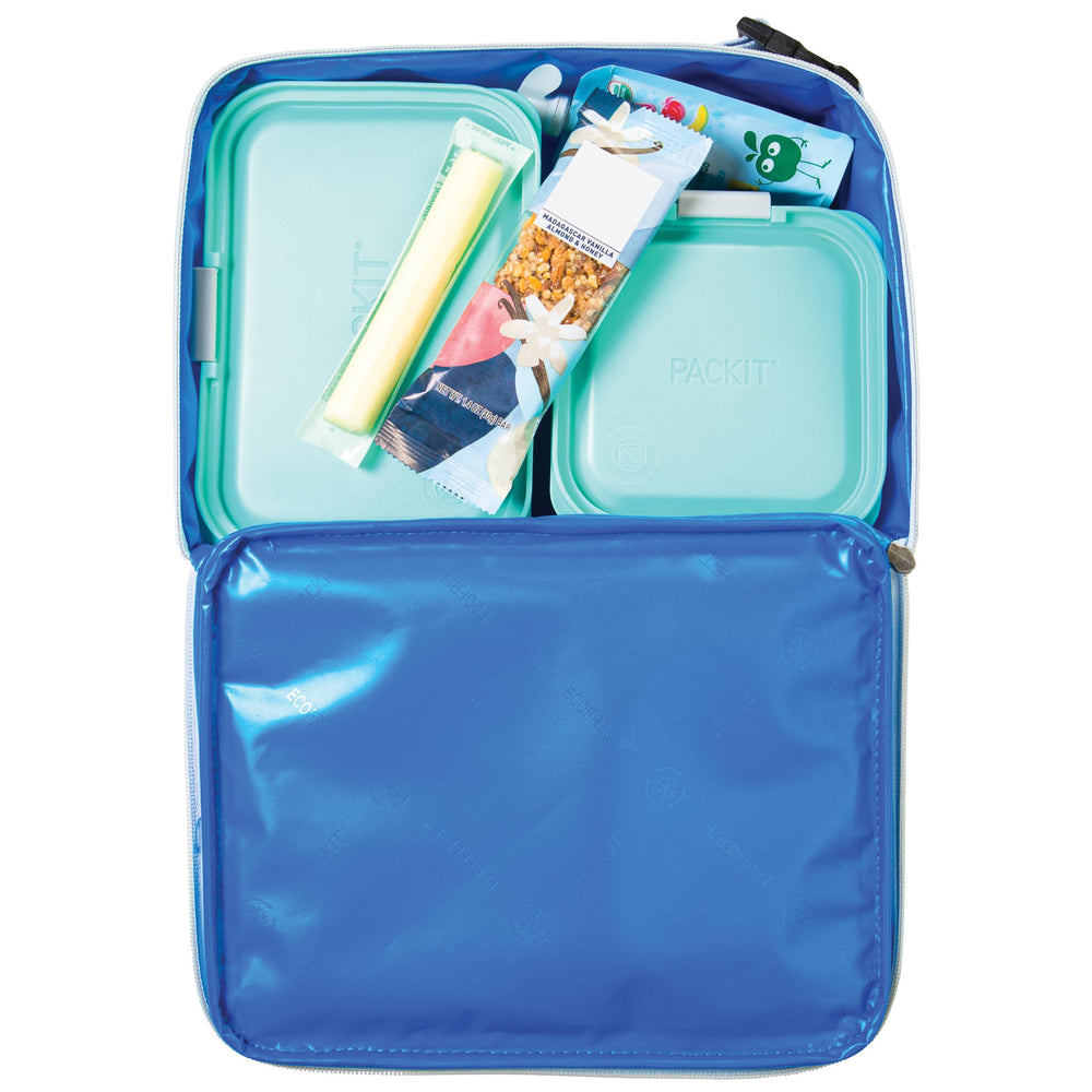 PackIt Freezable Classic Blue Sky pliée montrant rangement compact et gain de place