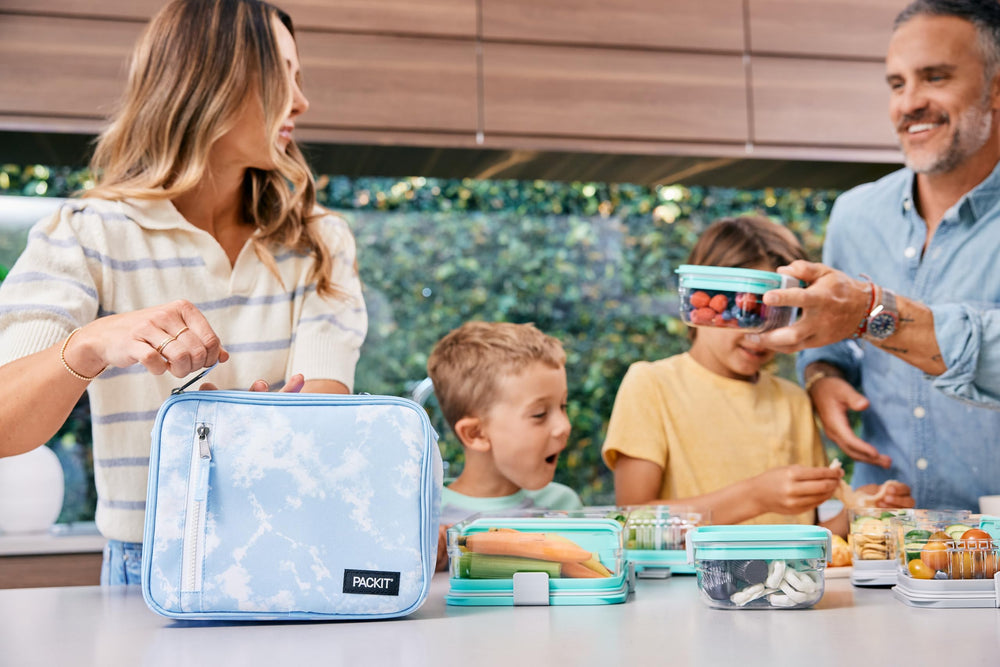 PackIt Freezable Classic Blue Sky gros plan poignée et boucle pour transport sécurisé
