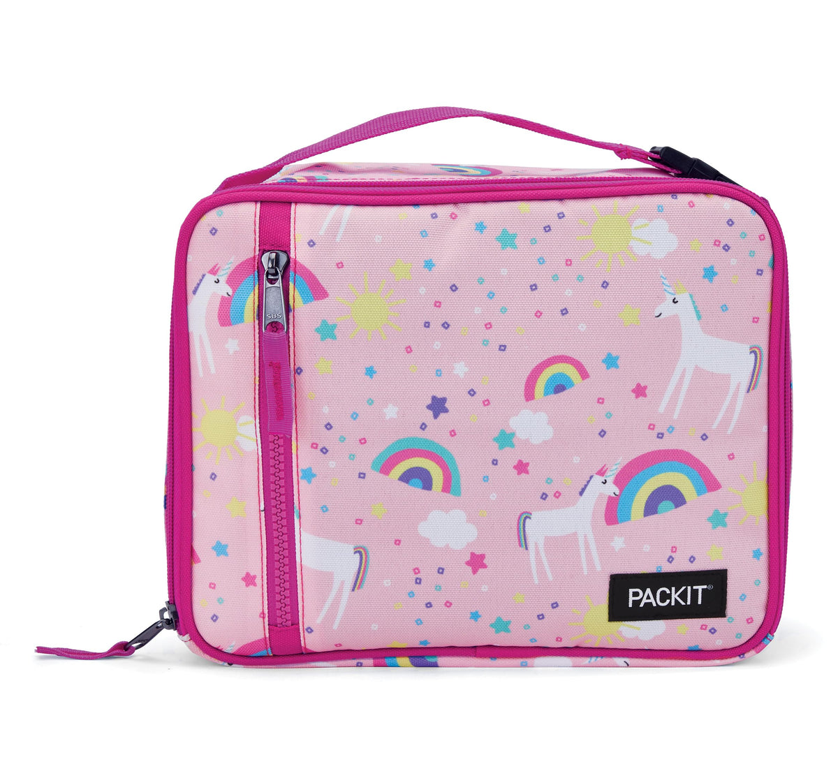 PackIt vue avant de la lunch box Unicorn Sky Pink, design ludique et transport facile