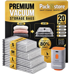 PackNstore vue avant du paquet montrant le contenu et l'avantage gain d'espace