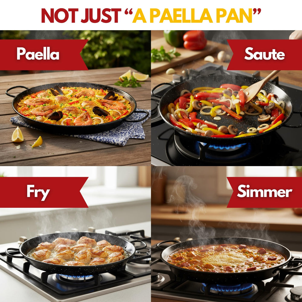 Paelluxe paella en cuisson dans la poêle montrant répartition uniforme de la chaleur