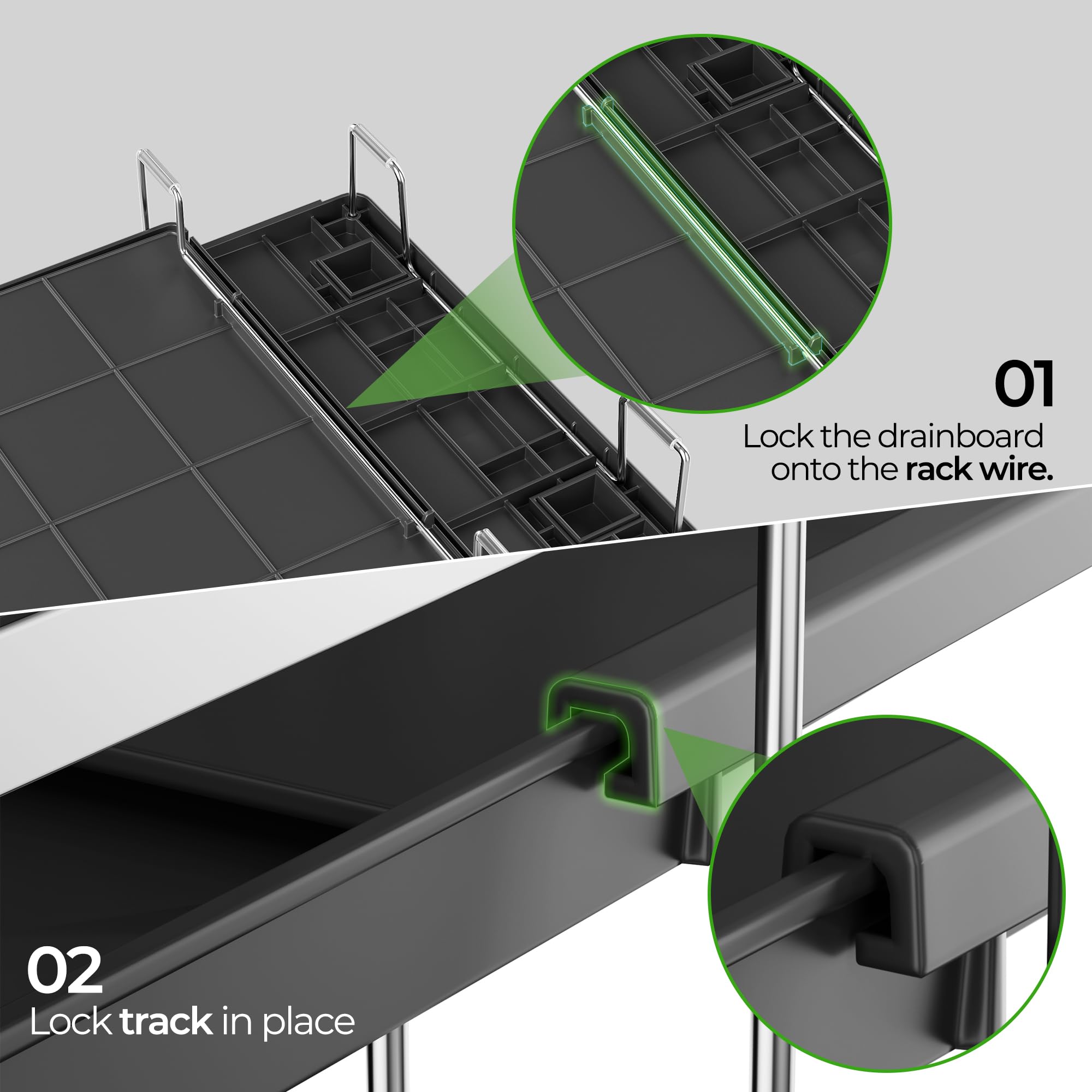 Pantasia égouttoir comparaison taille montrant positions 34–56–73 cm pour tout espace