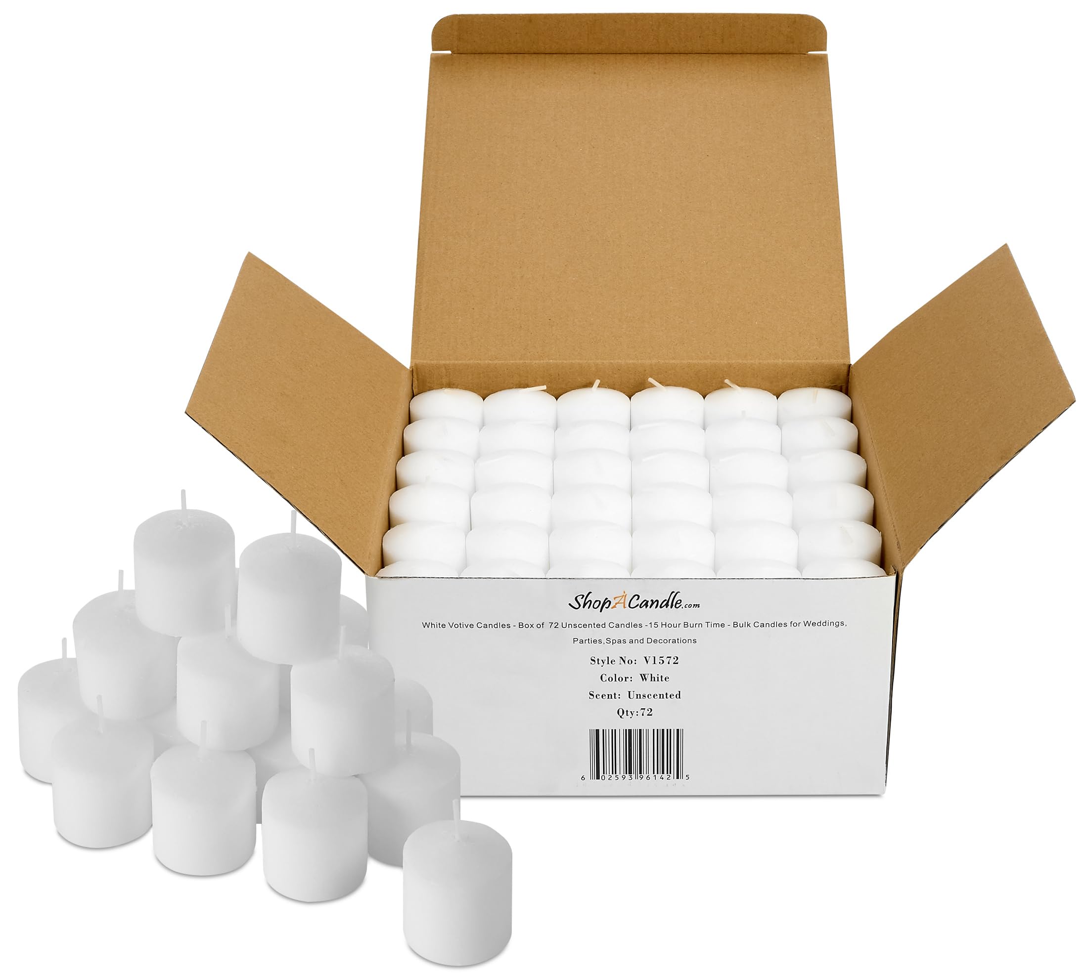PARNOO boîte de 72 bougies votives blanches montrant le produit prêt à l'emploi et avantage économique
