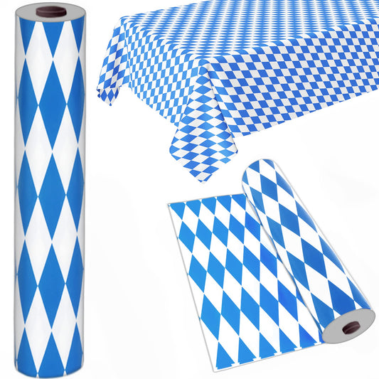 party greeting rouleau nappe avant montrant la largeur et le motif bleu losanges